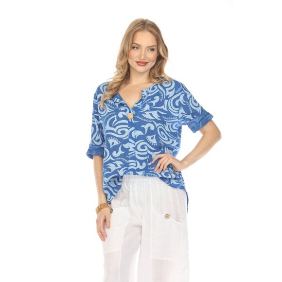 Royal Blue Spiral Print V-Neck Button Detail Top - Picture 10 of 10